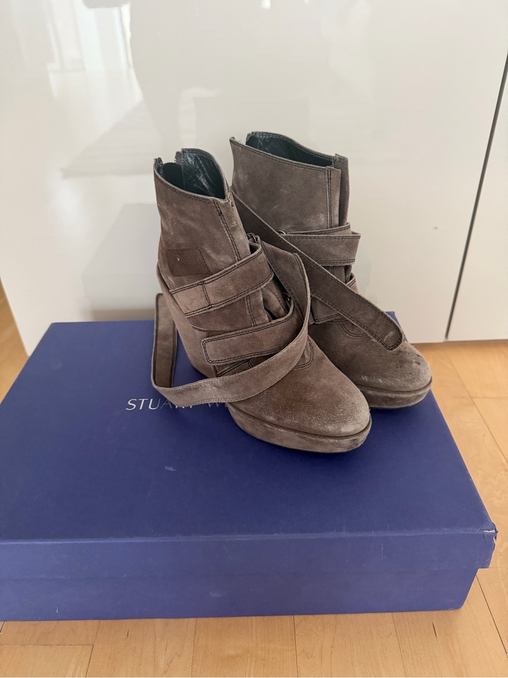 Stuart Weitzman Brown Suede Wrap-Strap Ankle Booties